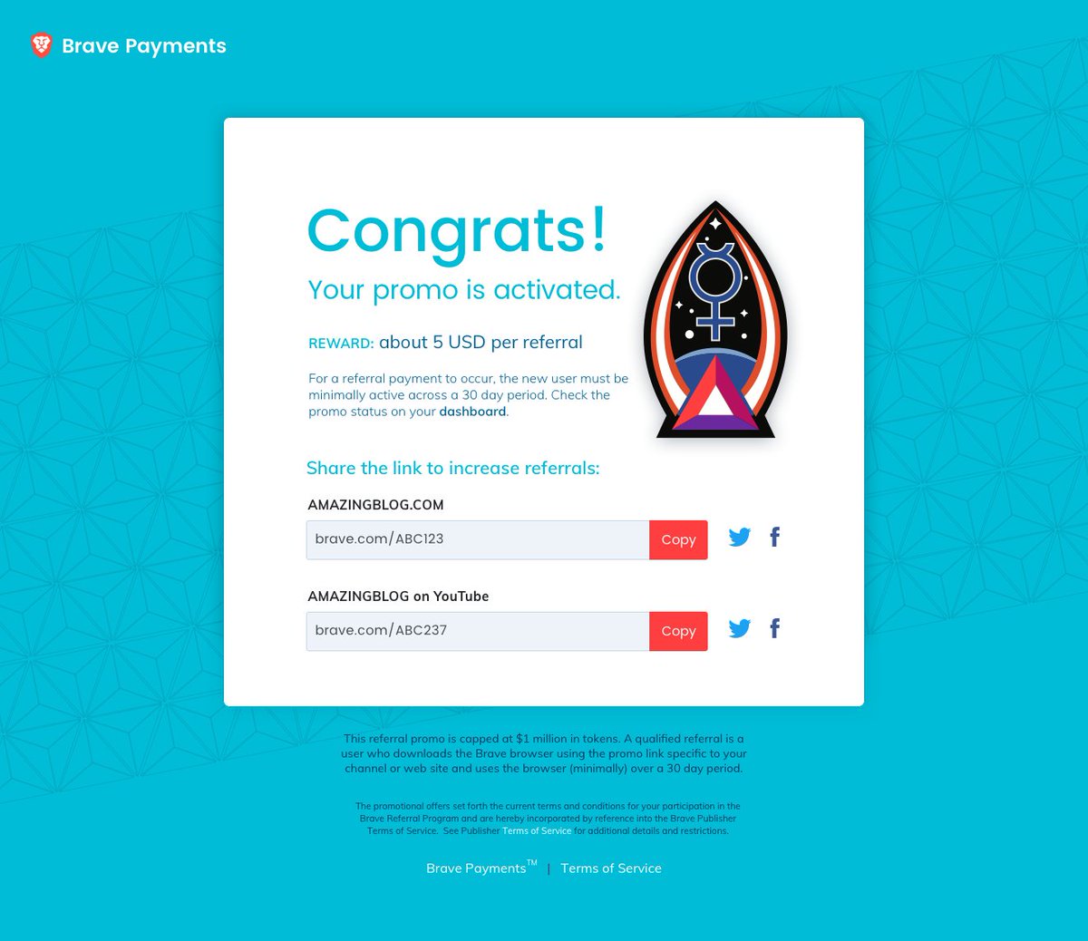 Publishers and YouTube creators, you can earn BAT starting today with the <a href="/AttentionToken/">Basic Attention Token (BAT)</a> Million Dollar referral program! Invite your fans to download Brave and get ~$5 per active user. brave.com/referral-progr…