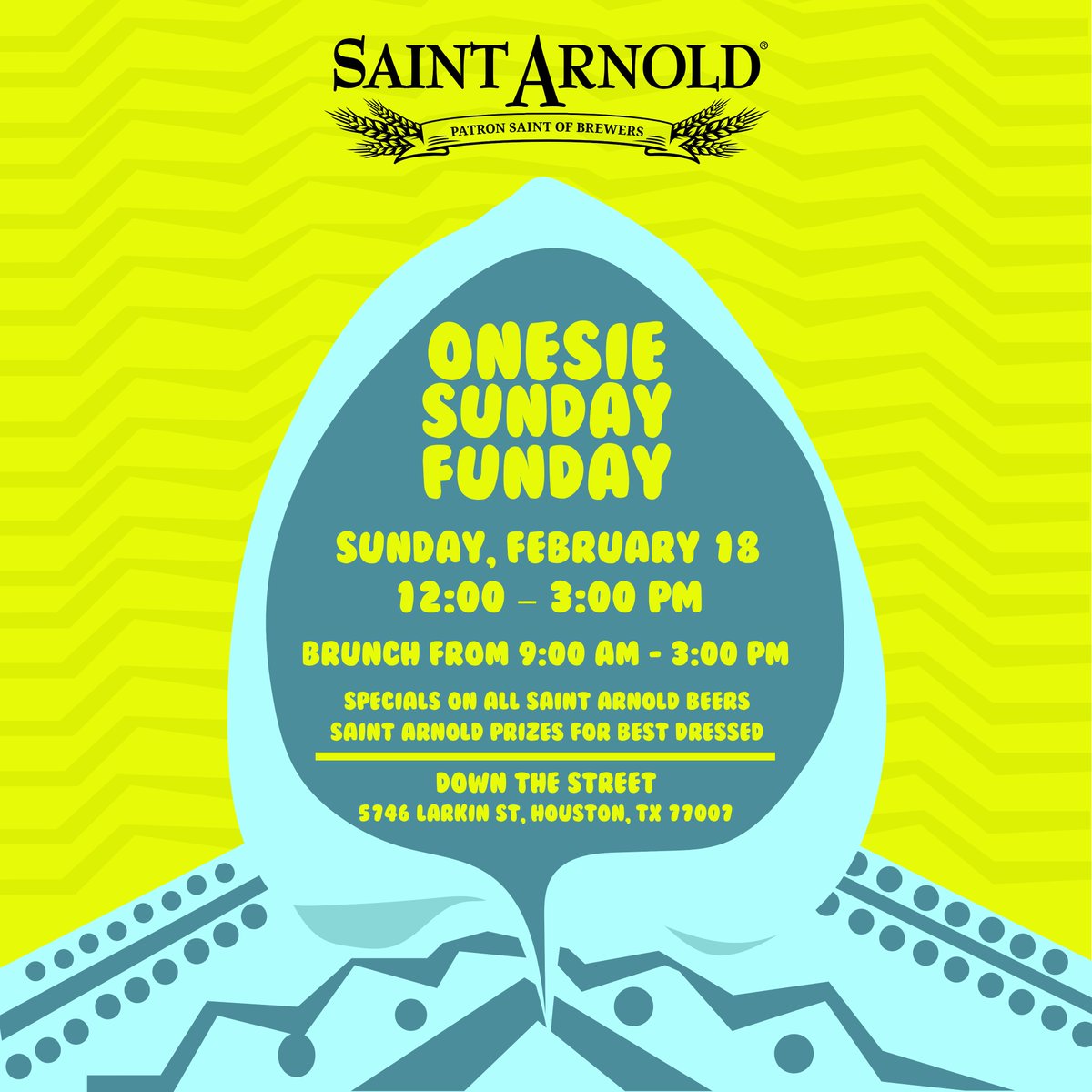Wear your best onesie at <a href="/DownTheStreetTX/">Down The Street</a> this Sunday Feb 18. Brunch is on at 9am till 3pm, <a href="/SaintArnold/">Saint Arnold Brewing Company</a> beer specials, and prizes for the best costumes!