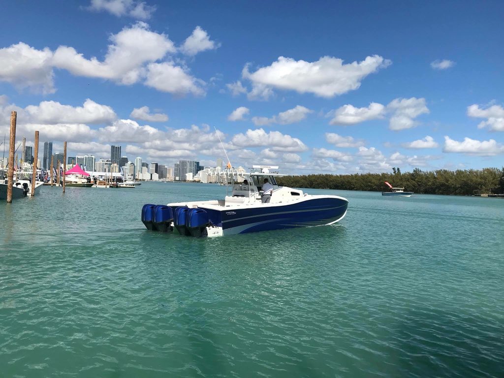 Insettaboats's tweet photo. Check out this i45C from Insetta! Heading out for a sea-trial! Miami International Boat Show special thanks to Wrapped Up Custom Wraps &amp; Graphics for a great design!

#InsettaBoatworks #MiamiBoatShow #MiamiBoatShow2018 #InsettaLifestyle #Insetta45 #Catamaran #PowerCat #Boatwraps https://t.co/F30xSeaVXz