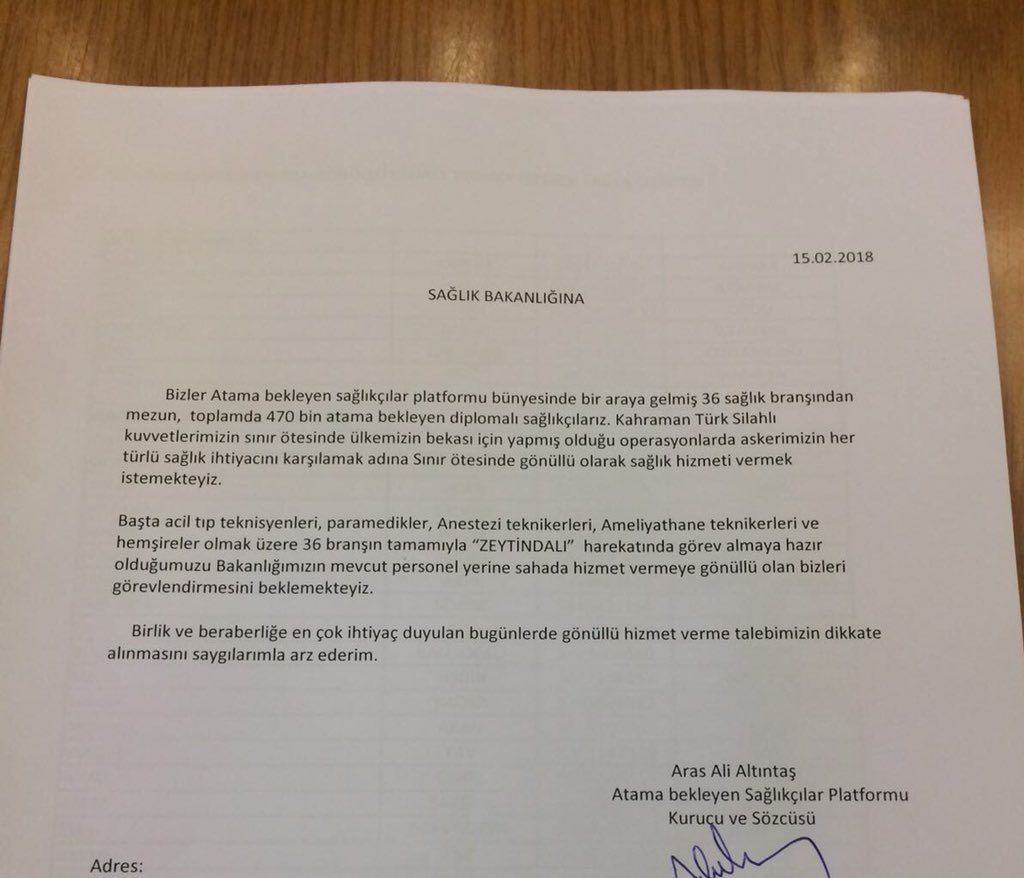 Acil Tıp Teknisyenleri, Paramedikler, Anestezi Teknikerleri, Ameliyathane Teknikerleri ve Hemşireler olmak üzere toplam 36 branşta atama bekleyen sağlıkçılar platformu üyeleri “Zeytin Dalı" harekatında gönüllü olarak görev yapmaya hazır olduklarını belirttiler!🇹🇷👏👏👏🇹🇷