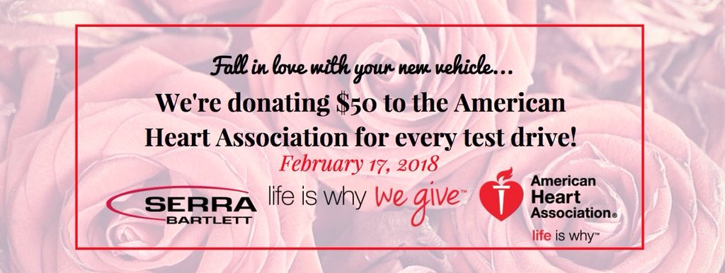 AndyWise5's tweet photo. ❤️This went so well last Saturday that your #WiseChoice for Chevrolets and pre-owned vehicles is doing it again THIS Saturday, Feb. 17! Simply test-drive a vehicle at @serrabartlett, and it will donate $50 to the @American_Heart ❤️
https://t.co/Xqc2wArpAC https://t.co/op6CO4DfVm