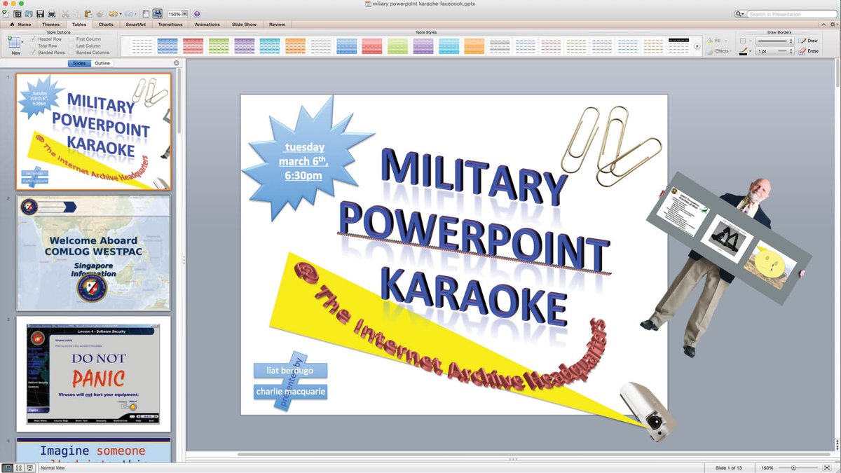 whatliat's tweet photo. on 3/6 @advnturelibrary and I will be your emcees for Military Powerpoint Karaoke! headliners will be @footage + @trufelman, but the rest will be y'all, karaoke style, activating some openly scraped military .PPT archives in the pews of the @internetarchive headquarters https://t.co/y9gW0CXcuc