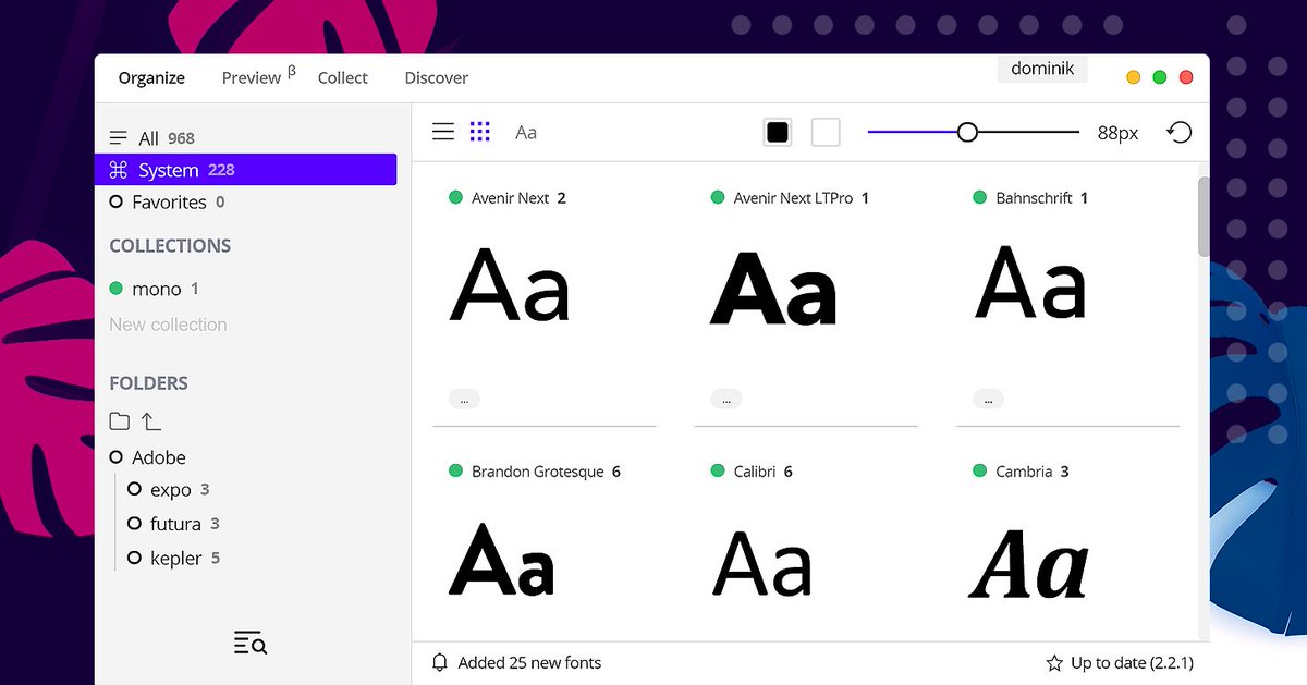 AarhCreative's tweet photo. FontBase looks slick! G Fonts, DB sync AND, it’s FREE! Dayum! #fontmanagement #fontbase @FontBaseApp https://t.co/LlC1uw88Uc