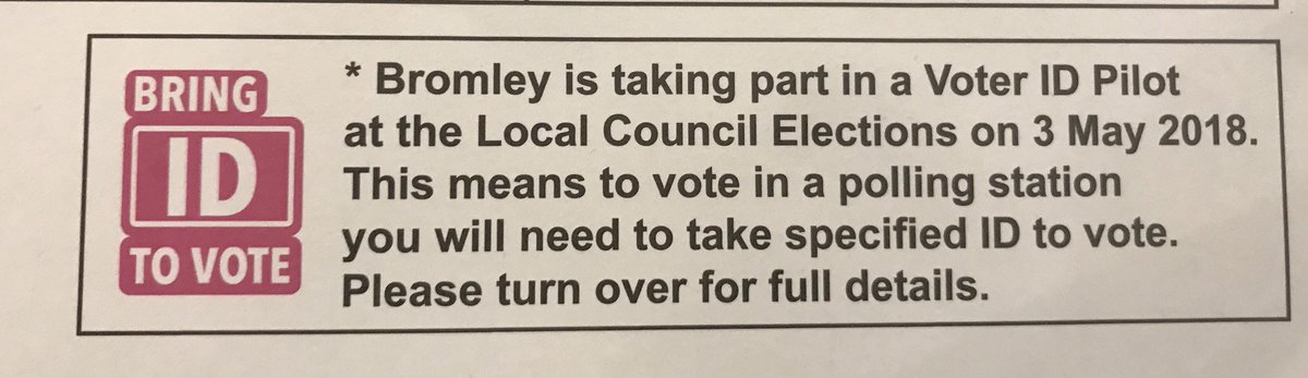 kanny_me_uk's tweet image. NO ID NO VOTE in #Bromely local elections on 3 May 2018. Electoral register letter through post today had this small box in bottom left corner and list of accepted ID overleaf. I do hope @LBofBromley will be doing more than this to advertise the change? #LE2018 #voterID