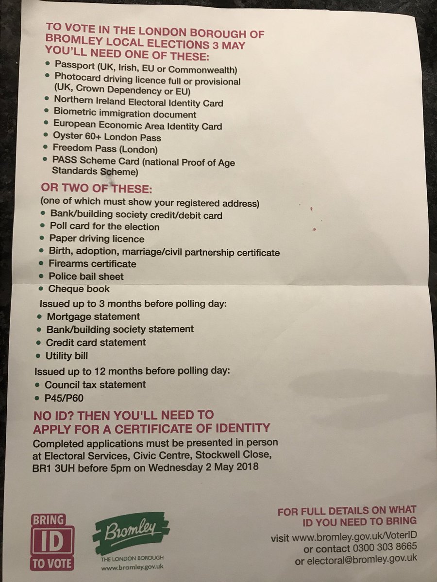 kanny_me_uk's tweet image. NO ID NO VOTE in #Bromely local elections on 3 May 2018. Electoral register letter through post today had this small box in bottom left corner and list of accepted ID overleaf. I do hope @LBofBromley will be doing more than this to advertise the change? #LE2018 #voterID