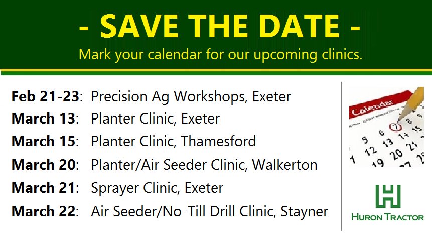 Preparing for #plant18... Be sure to save the date for <a href="/HuronTractorLtd/">Huron Tractor Ltd</a>'s upcoming clinics. If planning to attend <a href="/HT_Precision/">HT PRECISION</a> Ag Workshops next week, please RSVP by Feb16: ow.ly/x5N330ip5Ar