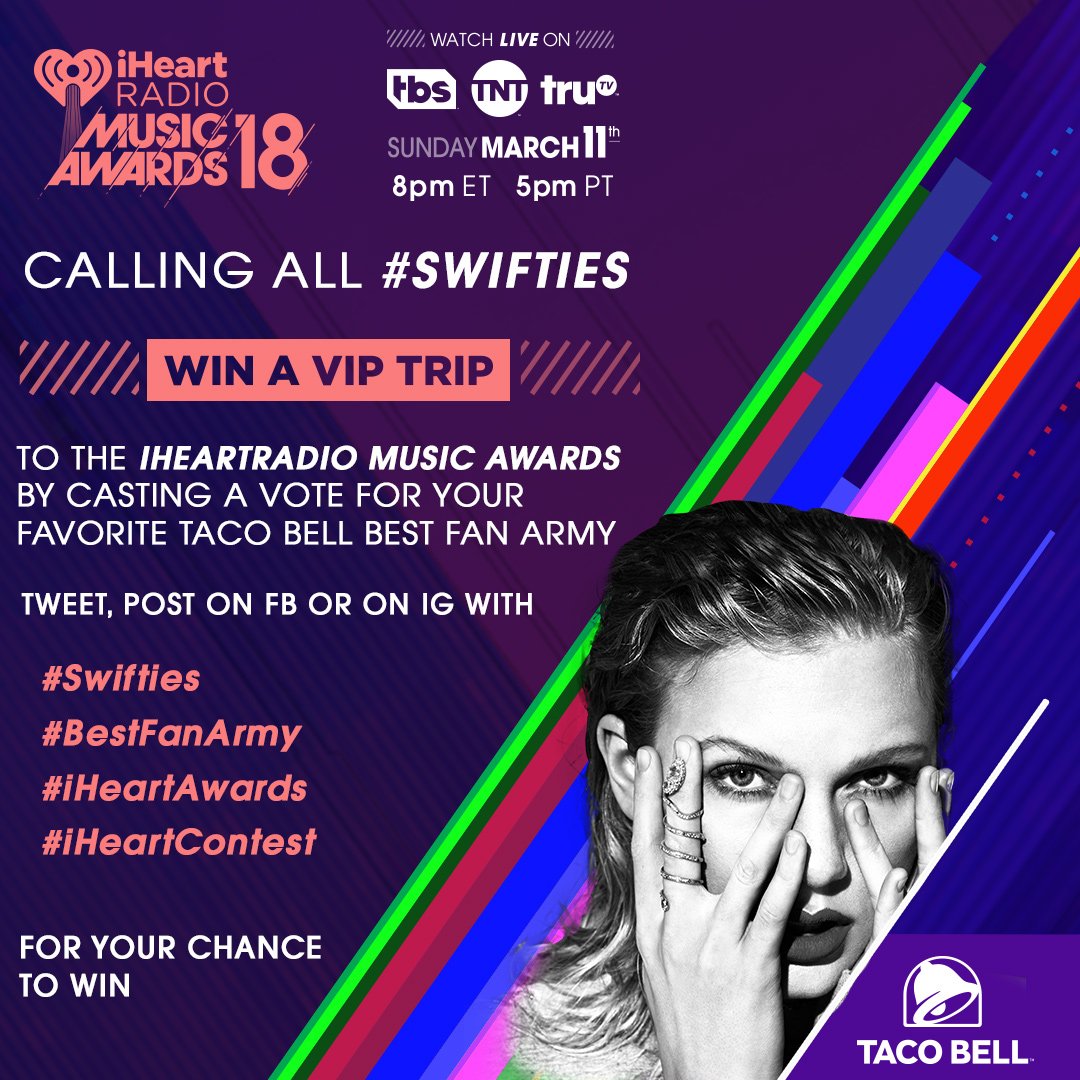 iHeartRadio's tweet image. RT to let all the #Swifties know! Today is YOUR @tacobell #BestFanArmy voting spree day! #iHeartAwards