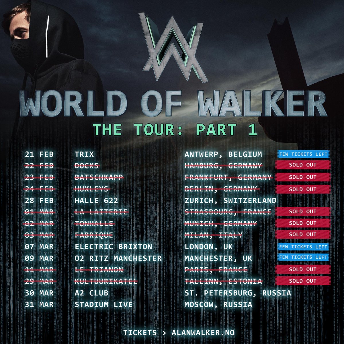 Alan Walker on Twitter: "I'm really excited to head out on tour again!🔥  Under a week until I head to Antwerp for the first stop. Most tickets sold  out but still a