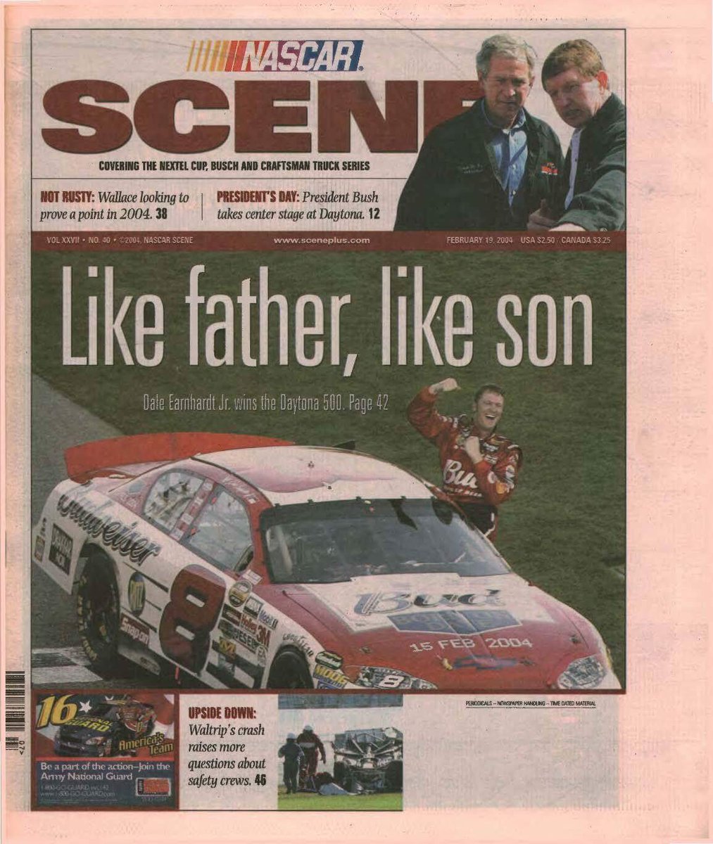 TheSceneVault's tweet photo. Six years to the day after his daddy won HIS first Daytona 500, @DaleJr took the the first of his two victories in NASCAR’s biggest race. 2/19/04 issue of #NASCARScene featured covered of the momentous event. https://t.co/wUlVq4kKsT