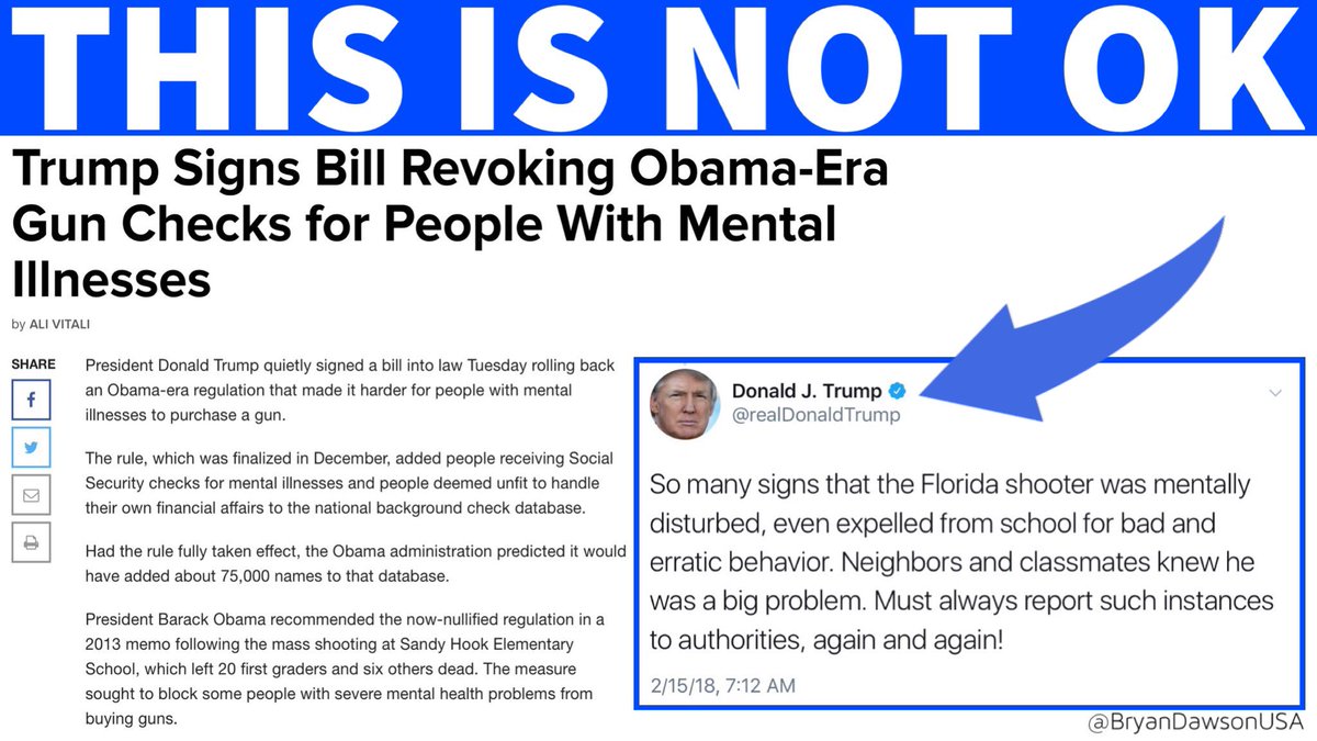 ‪Trump revoked Obama-era gun checks for people with mental illnesses.‬<br />
<br />
‪#ParklandShooting #Parkland #StonemanShooting #GunControl #GunControlNow #NowIsTheTime #EnoughIsEnough @mitchellreports @SenBillNelson‬