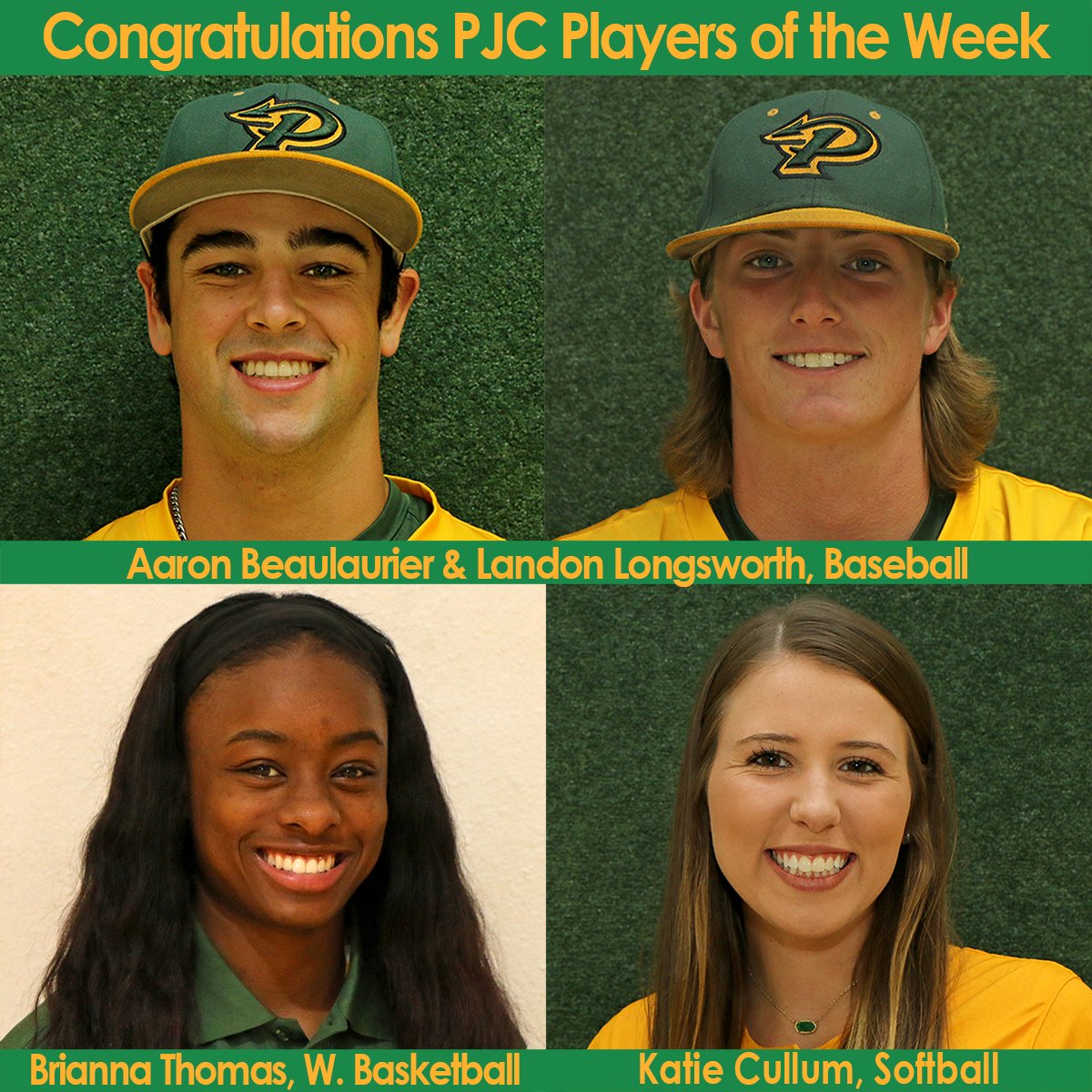 ParisJC's tweet photo. Congratulations #ParisJC Players of the Week: #Baseball's Aaron Beaulaurier &amp; Landon Longsworth, #Softball's Katie Cullum, &amp; #WBBall's Brianna Thomas. Dragons! 🐲⚾️🎾🏀 https://t.co/8muNclKzqj