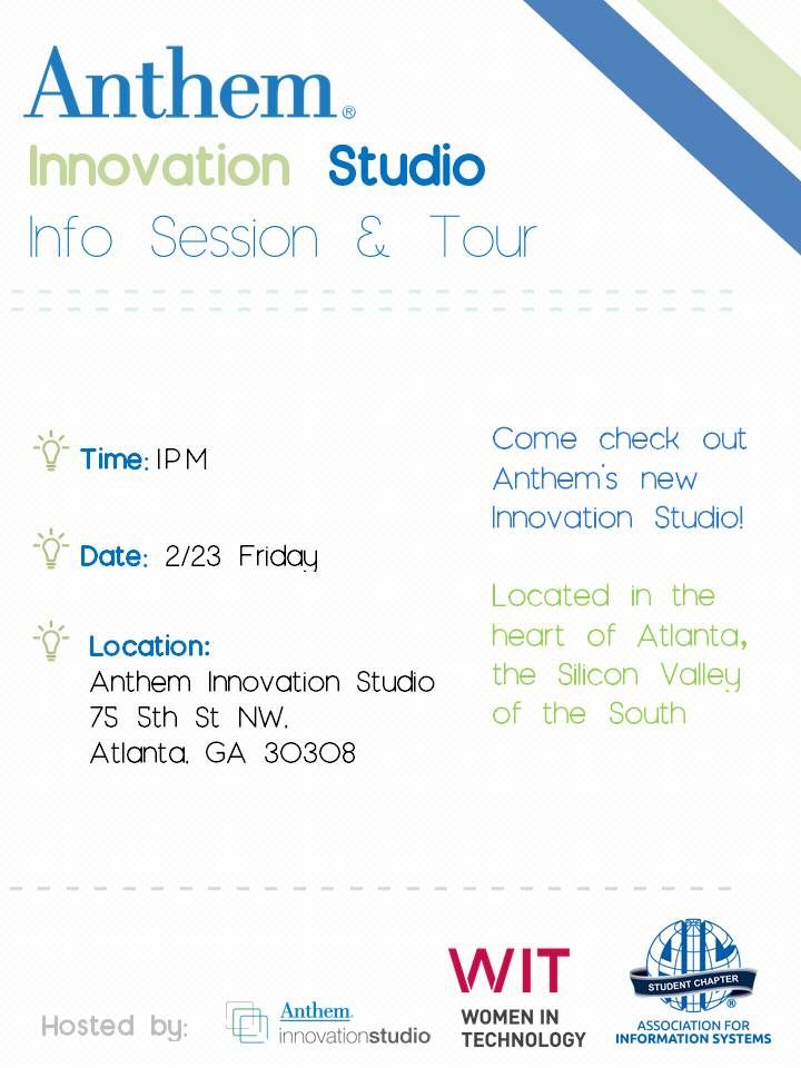 aisgsu's tweet photo. It's time for our first event of the semester! Anthem is looking to hire 70+ tech interns in 2018 and we will be visiting their Innovation Studio on Friday, February 23rd at 1pm. You will also have the opportunity to network with Anthem professionals after our tour! C u there https://t.co/YjsUbr3Mld