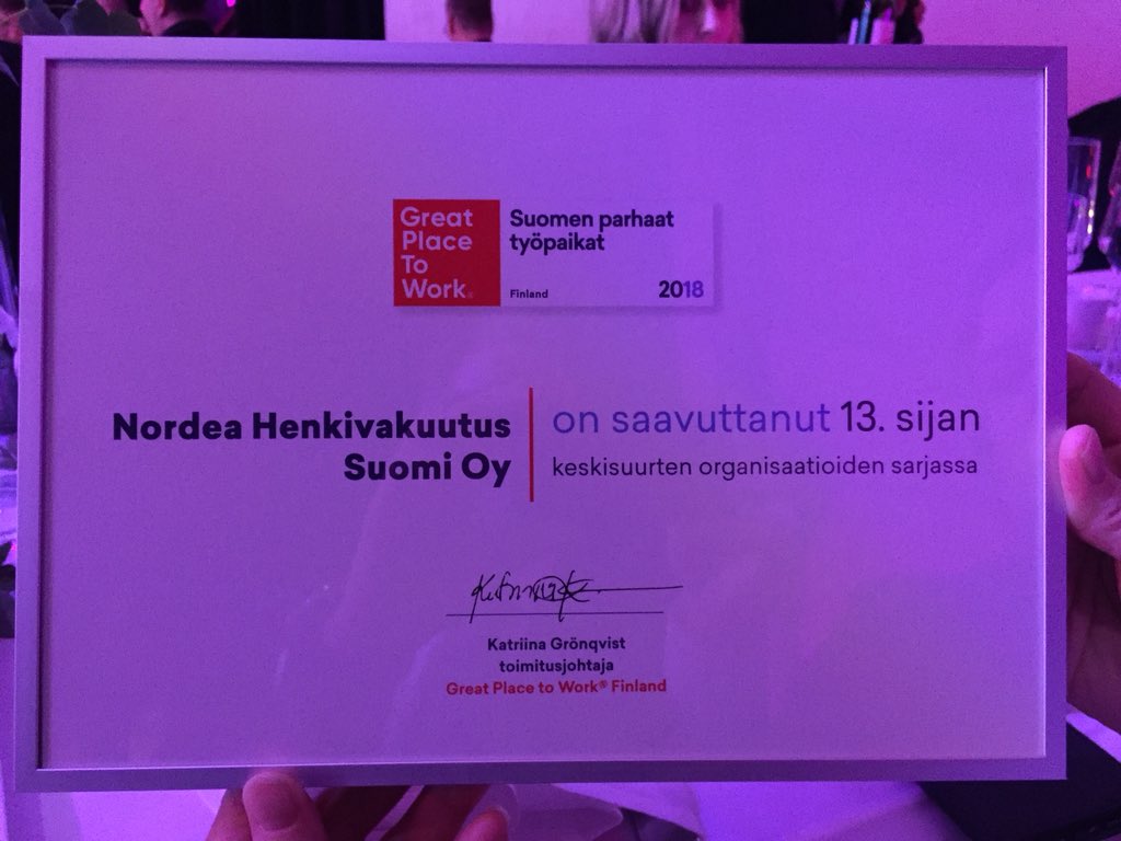 MarttiPaa's tweet photo. Näin pitkälle olemme päässeet ja työ jatkuu - hieno porukka! #SPT2018 #GPTWgaala #mylife #nordealife #nordeahenkivakuutus https://t.co/J5mgMzRwqV