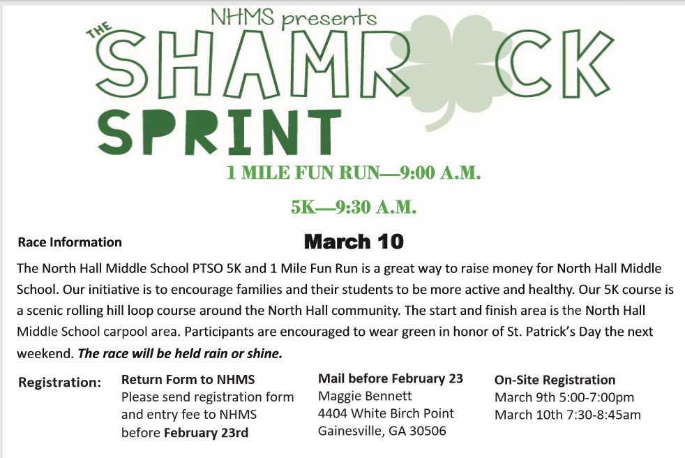 LadyTHoops's tweet photo. Be sure to come out to run and celebrate @northhallmiddle at this years Shamrock Sprint 5k.  @NorthHallTrack https://t.co/M1ighC4xF2