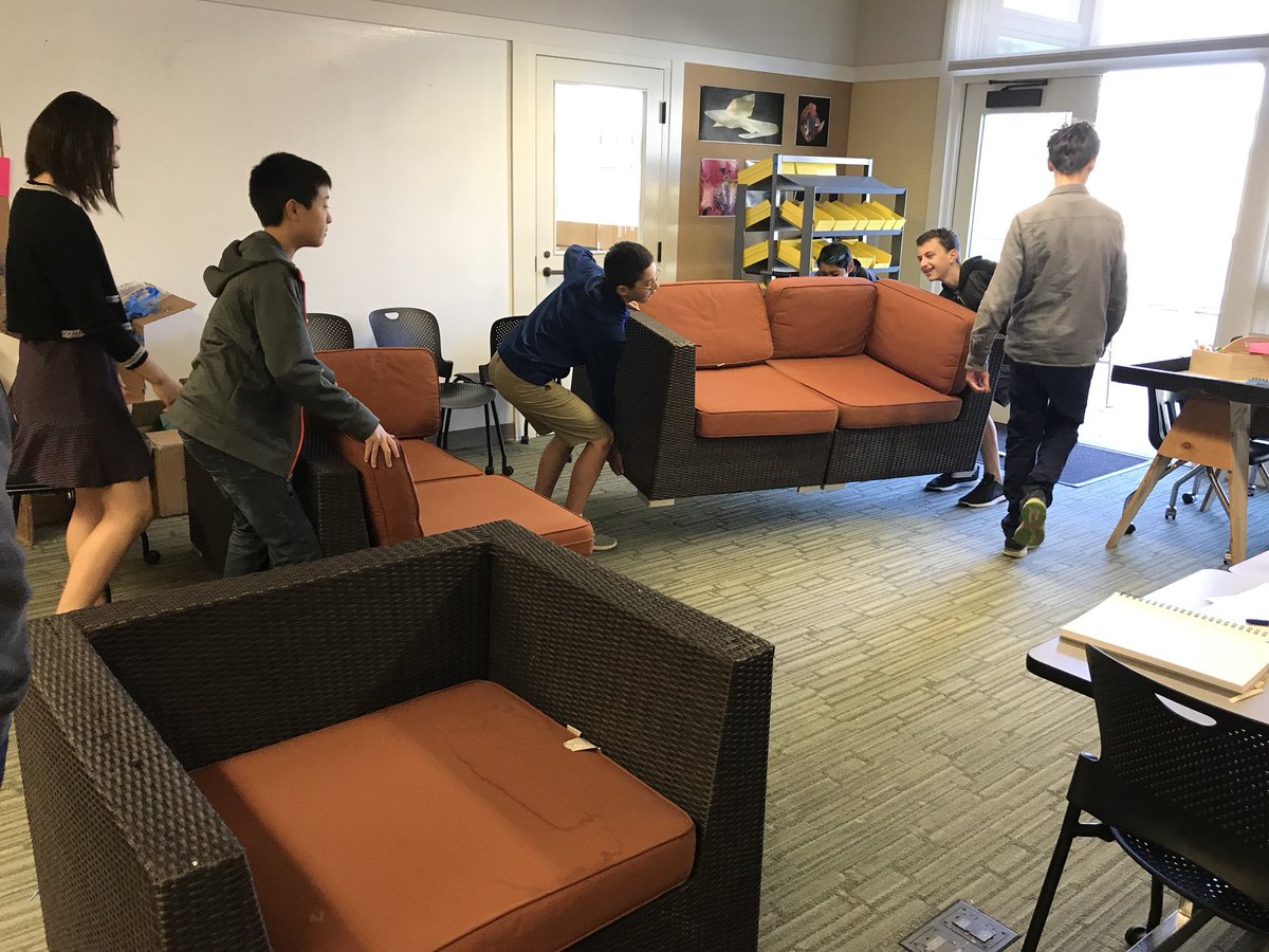 johnyen's tweet image. I asked my Inventors’ block students to configure the studio in a way that would support their work. They incorporated indoor, outdoor spaces, collaborative table work, collaborative conversation, and independent work spaces. Amazing when you get out of the way. #polysolves