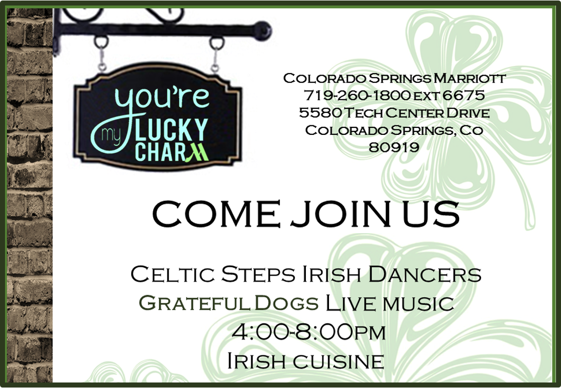 CoSprgsMarriott's tweet photo. Join us as we celebrate St. Patrick's Day with Celtic Steps, live music, Irish Cuisine,  beer and a great time.
#Slainte #CoSpringsMarriott #AscentRestBar #Irishevents #Celticsteps #GratefulDog #Beer https://t.co/81GHMgUw1b