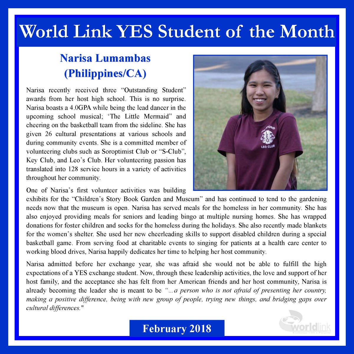 Let's show some love for World Link's <a href="/FLEXProgram/">FLEX Program</a> and <a href="/yesprogramnews/">Kennedy-Lugar YES</a> February Students of the Month! 

FLEX: Irina Madan (Moldova/IA) 
YES: Narisa Lumambas (Philippines/CA) 

Congratulations to both of you! #SOM1718