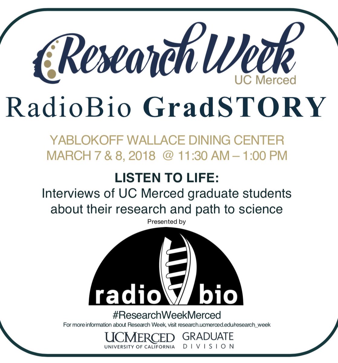 radiobio_ucm's tweet photo. #RadioBio is interviewing @ucmerced grad students who study #biology for #ResearchWeekMerced ! Share your #research and path to #science with curious undergrads. Sign up for a 10 minute interview here: https://t.co/rz7IBmKeIq
@UCMerced_NatSci @ASUCMerced @ucmgraddiv https://t.co/eFSp7isHPV