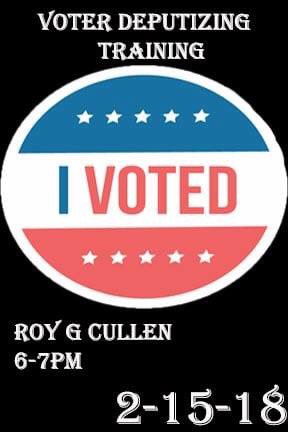 Hey y’all! Our Voter Deputizing training hosted by the @HarrisCountyTAC! We’ll be training people to register others to vote (its midterm season)! Join Us in Roy G. Cullen Rm 104 at 6, this is an open event so bring a friend!
