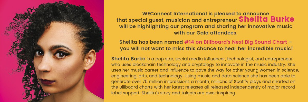 WEConnection's tweet photo. Excited to announce #WEConnectGala special guest @ShelitaBurke #14 @billboard #NextBigSoundChart! Buy your ticket now and celebrate #WomenEntrepreneurship with us!
https://t.co/3AJwGsLawV https://t.co/sb6qmaIEto