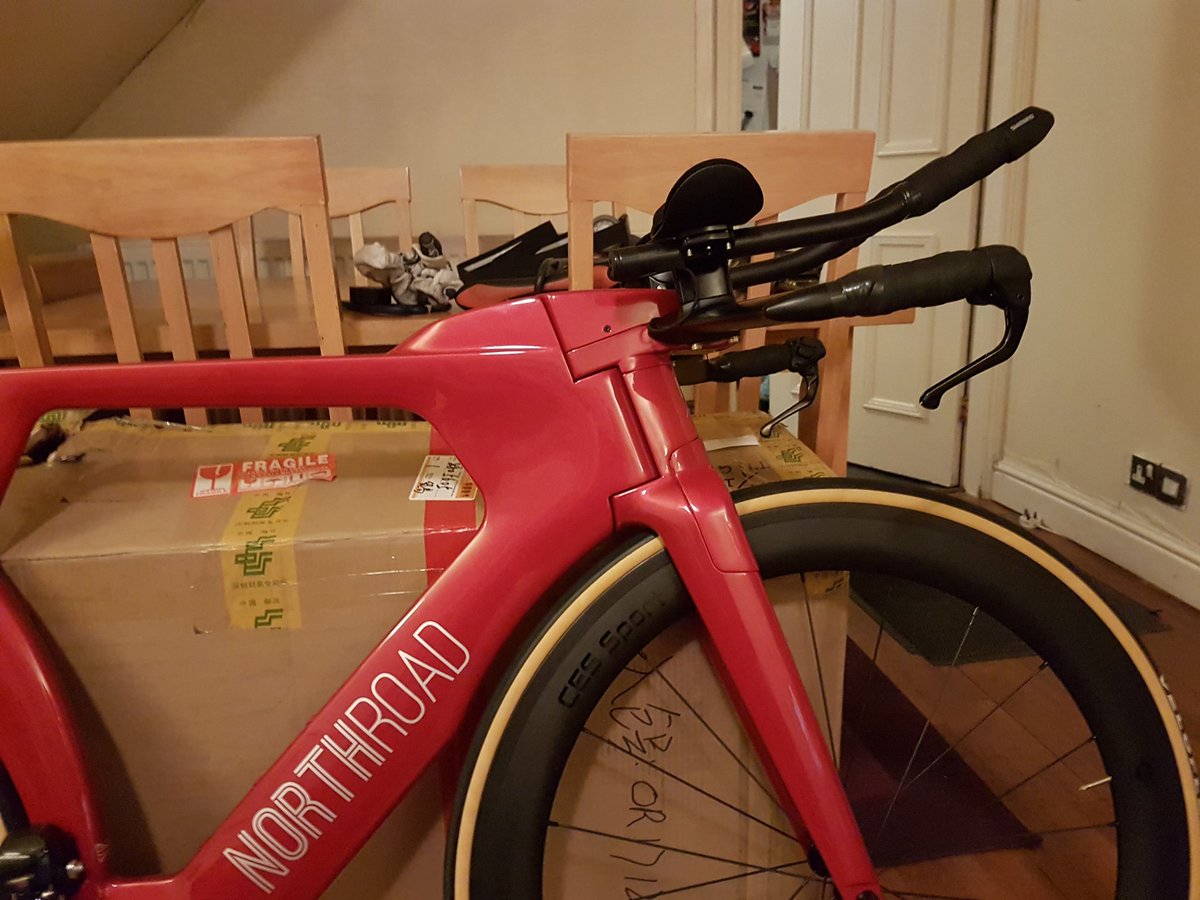 NorthRoadCycles's tweet photo. Couldn't bear the thought of leaving it in the workshop so I brought it home for the night. NorthRoad Ares TT bike, ultegra di2, @CES_Sport RC88/60 wheels. Oh and it aint porky either. https://t.co/B0nuB7xi4t