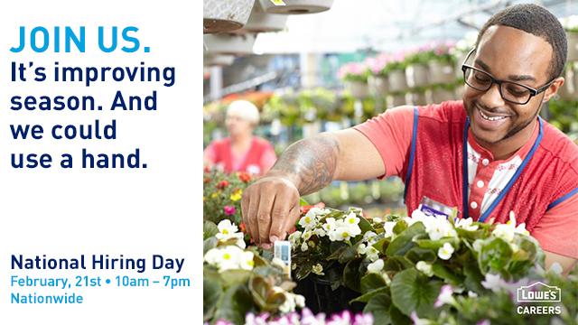 LowesCareers's tweet photo. We could use your help this season! Join us for our #LowesHiringDay on February 21st from 10am - 7pm at all stores Nationwide! Learn more about how you can get hired on the spot! https://t.co/us2wpXnRMS https://t.co/fY5S8uTpAS