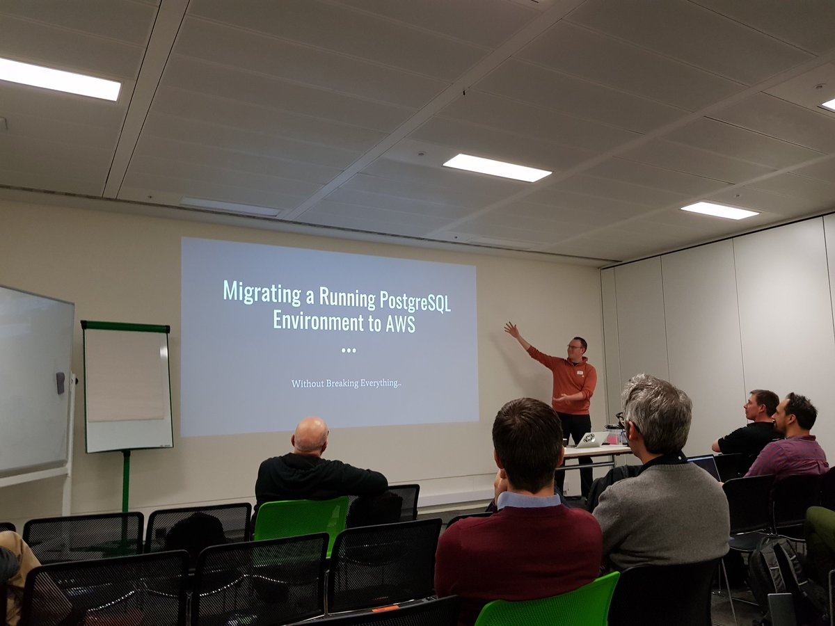 PostgresLondon's tweet image. Now @ianhiddleston is talking about migrating a running #PostgreSQL environment to #AWS ! #London #Meetup