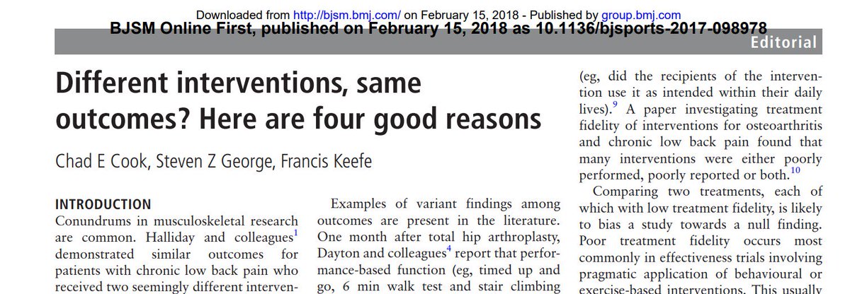 Our editorial is out at @BJSM_BMJ  Four good reasons for null trials: 1) poor fidelity, 2) the outcome measure used, 3) common factors, and 4) non-specific factors. dx.doi.org/10.1136/bjspor… With SZ George and Frank Keefe @Mertonbike