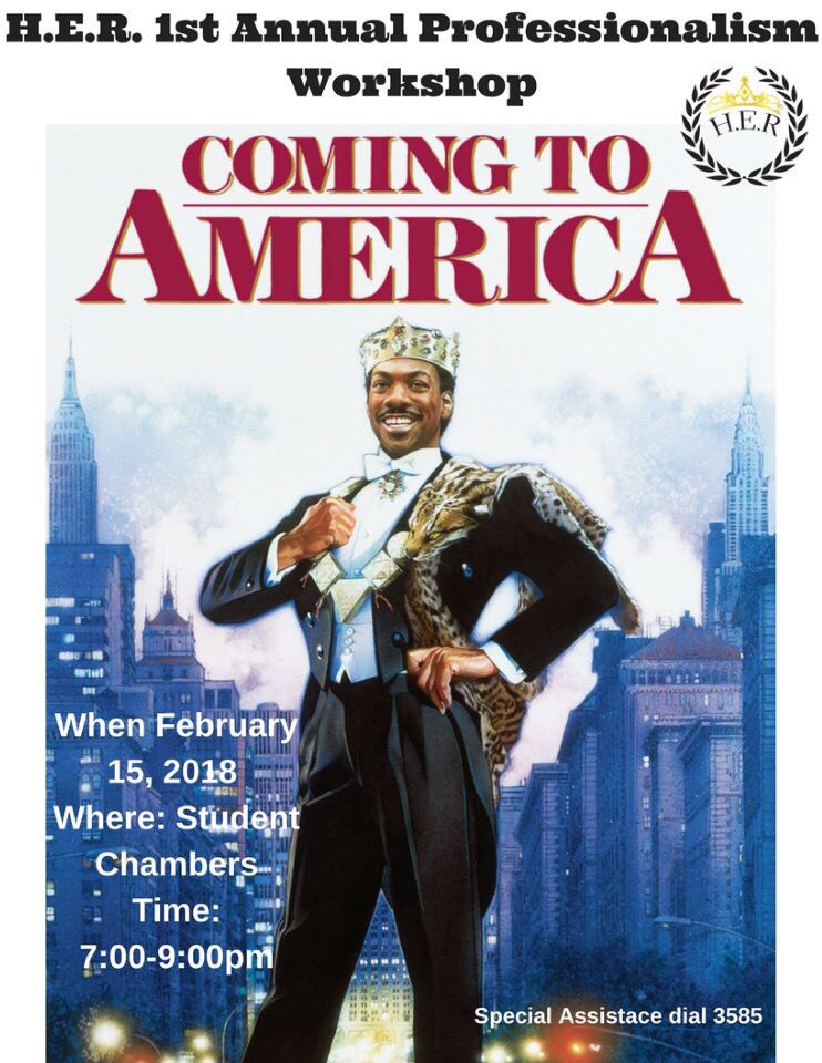 callme_selena's tweet photo. Join H.E.R as we give tips on the do’s and don’ts of professionalism at our “Coming to America” Professionalism Workshop! The lovely Judge Marian Elaine Jackson will be stopping in to speak with us all about her campaign! 💜💛 You won't want to miss this! #HERStories2018 #HERWeek https://t.co/qhsuZxVSrR