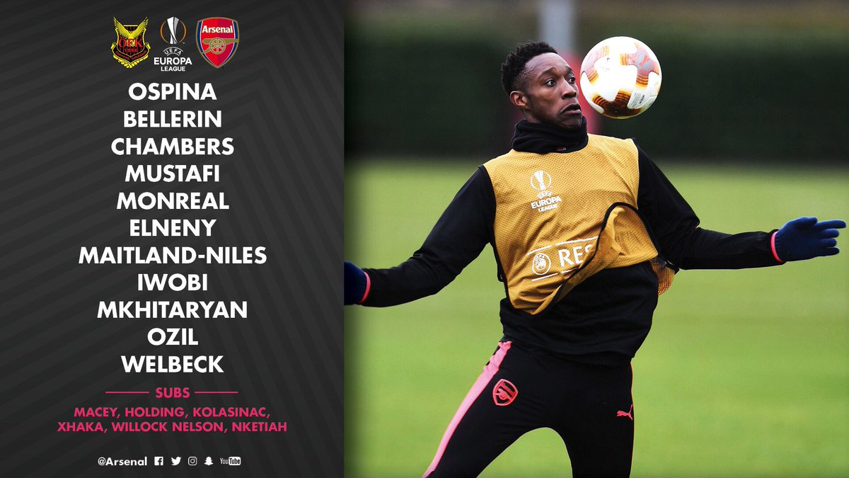 GunnersFanPage2's tweet photo. Tonights line up for tonight @EuropaLeague last 32 match....🔴⚪

#OSTvAFC https://t.co/Pl3JaDDST8