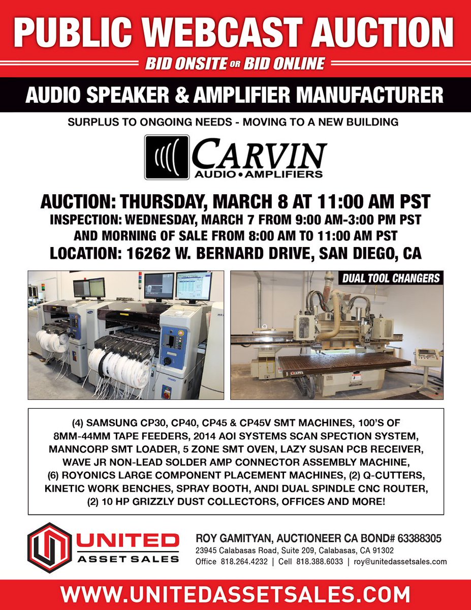 unitedassetsale's tweet photo. CARVIN AUDIO SPEAKER &amp; AMPLIFIER MANUFACTURER AUCTION! THURSDAY, MARCH 8 | 11:00 AM PST Items up for sale SAMSUNG CP30, CP40, CP45 &amp; CP45V SMT MACHINES, 100’S OF 8MM-44MM TAPE FEEDERS, 2014 AOI SYSTEMS SCAN SPECTION SYSTEM, MANNCORP SMT LOADER see site: https://t.co/l4X4jhJNxy https://t.co/D8ATdTlhfc