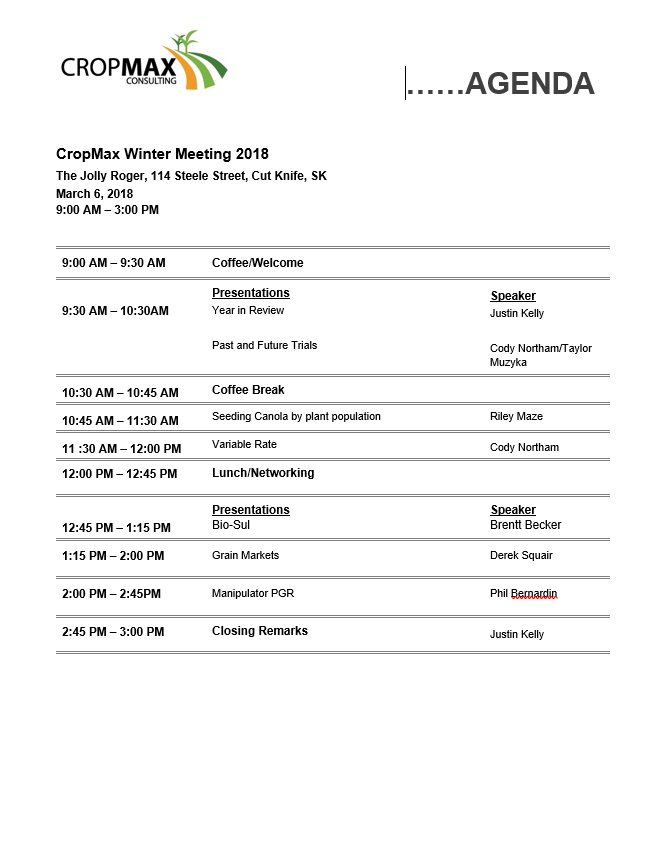 <a href="/CropMax1/">CropMax Consulting</a> will be hosting our annual Winter Meeting in Cut Knife on March 6th. Come out for a day of learning! We will be serving lunch. RSVP to reserve a spot. #Agronomy #Marketing  #PrecisionFarming #Biosulnation #Manipulator