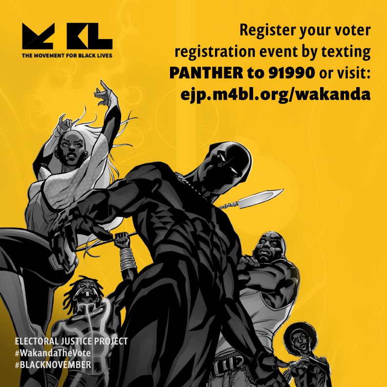 Blavity's tweet photo. EXCLUSIVE: Meet the three women who just launched #WakandaTheVote, a new voter registration drive at #BlackPanther screenings across the country. This is how you combine art and activism 🙌🏽. https://t.co/ypqda31Lox https://t.co/ykQk3tAC6Z