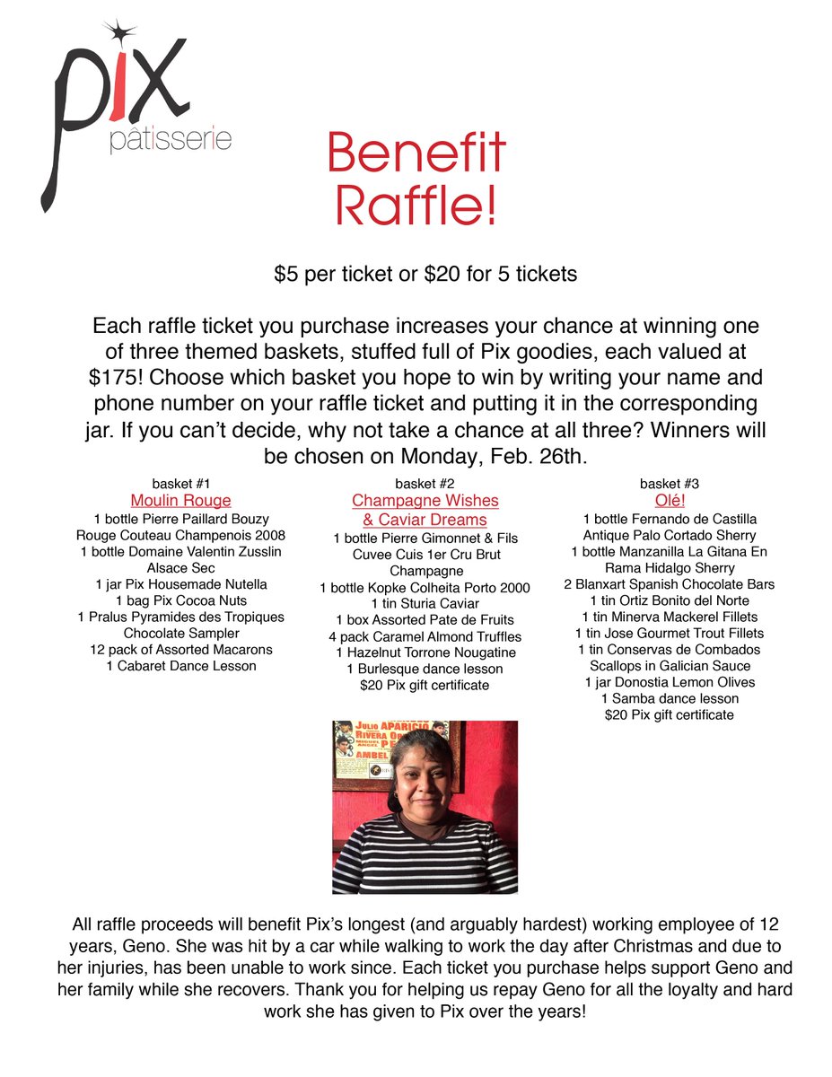 Our fabulous employees have pitched in to create amazing gift baskets to raffle off and raise funds for one of our beloved co-workers, Geno. Please consider contributing (and you may even win big!) Get your tickets at the restaurant or over the phone. 971-271-7166