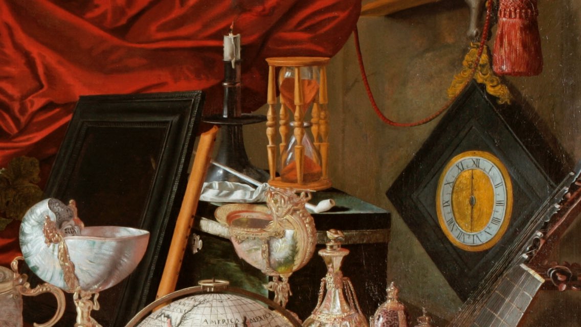 AntiquesMag's tweet photo. #antiqueoftheday The Paston Treasure, likely painted in the 1660s. This fascinating painting is subject of a new show @yalebritishart, which includes objects portrayed in the still life, and explores the picture's history in the context of 17th century collecting. https://t.co/D7ZP1qWZIG