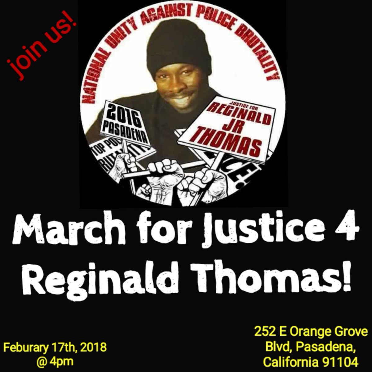 blmpasadena's tweet photo. Saturday @ 4pm
Come out and stand w the family, friends and community of Reginald J.R Thomas
#JUSTICE4REGINALDTHOMAS
#BLACKLIVESMATTER 
#BLACKLIVESMATTERPASADENA https://t.co/NH2PNG038g