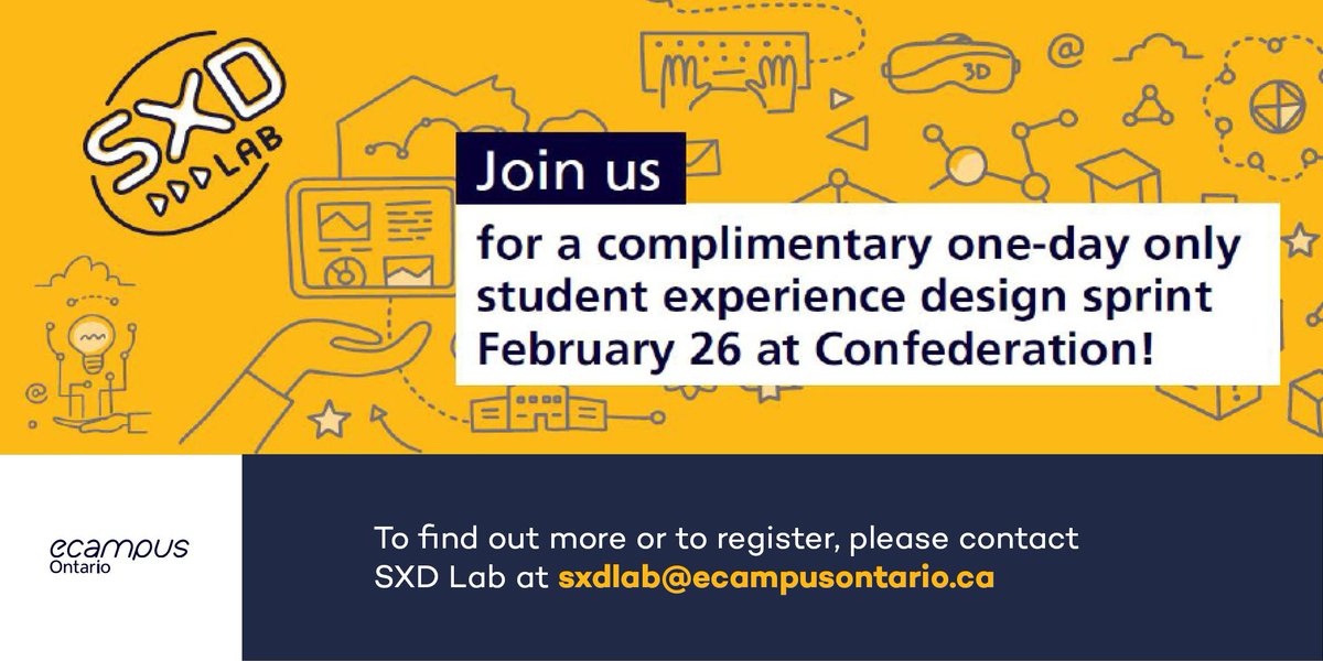 .<a href="/eCampusOntario/">eCampusOntario</a> Student Experience Design (SXD) Lab, is bringing a design &amp; innovation team to <a href="/Confederation/">ConfederationCollege</a> on Feb. 26, to work with students and faculty on #innovative student experience projects. Want to get involved? Email sxdlab@ecampusontario.ca for more info.
