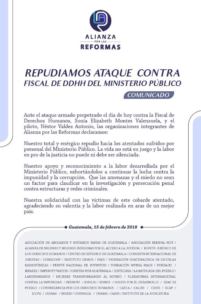 axrguate's tweet photo. Ante el ataque armado contra la Fiscal de DDHH, Alianza por las Reformas comunica:
#MPIndependiente https://t.co/uttEhOHgfo