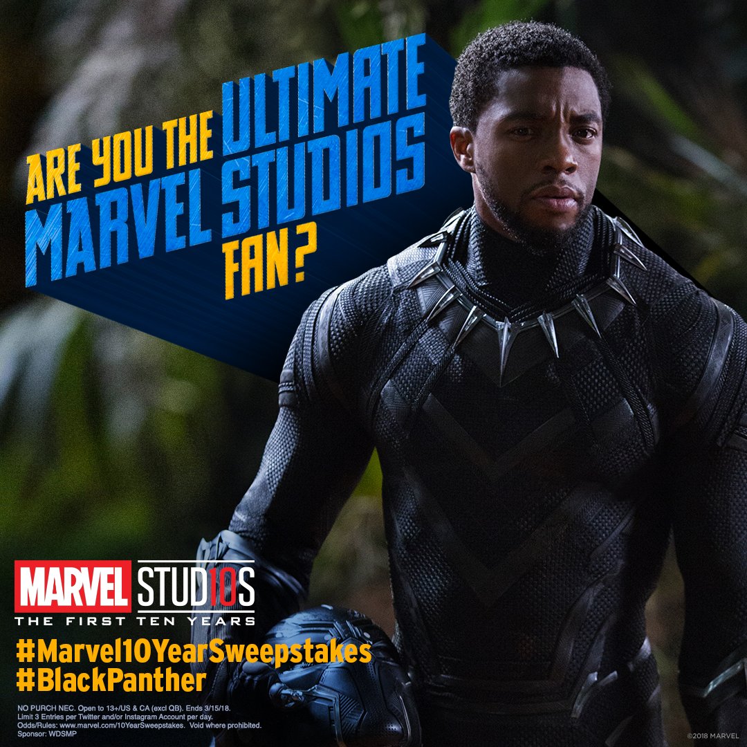 MarvelStudios's tweet image. Enter the Marvel Studios Ultimate Fan sweepstakes. Tweet your favorite #BlackPanther memory or your own personal photo w/ #Marvel10YearSweepstakes &amp;amp; #BlackPanther for a chance to win a trip to the Avengers #InfinityWar premiere &amp;amp; more! Rules: bit.ly/2nUthy1