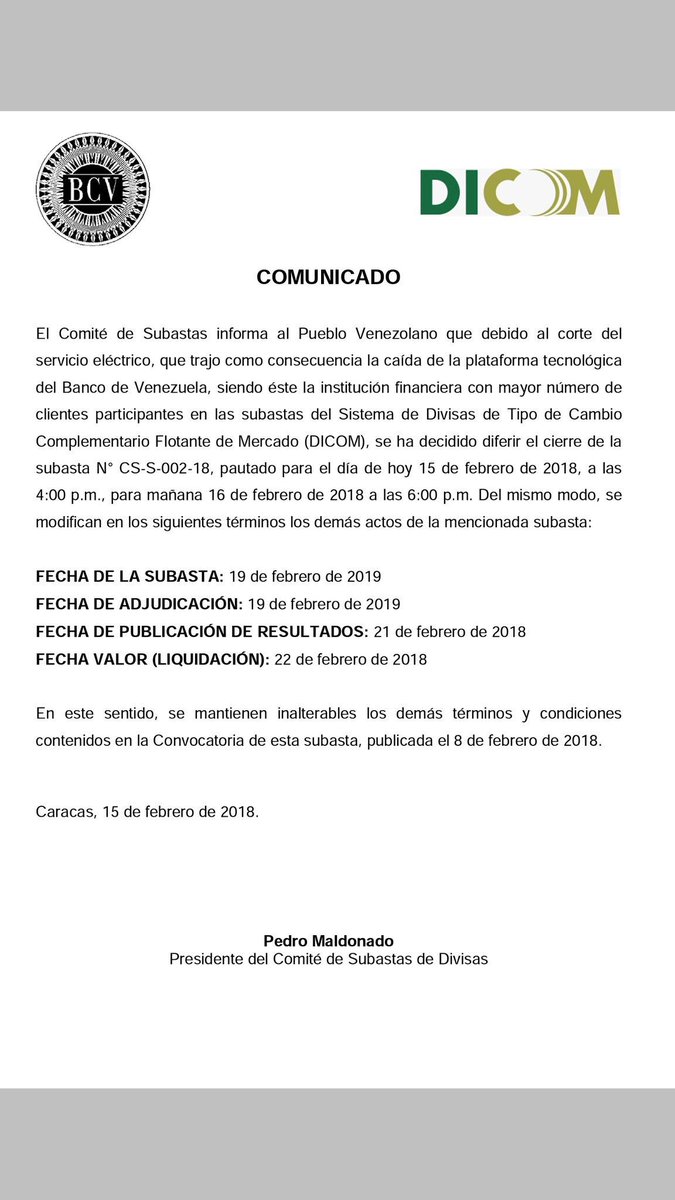 SubastaDICOMVE's tweet photo. ⚠️diferimiento del cierre de la subasta CS-SO-002-18 para mañana jueves 16 de febrero de 2018 a las 6pm. Detalles en comunicado anexo. #Dicom https://t.co/rr5MzMldMh