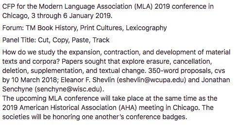 jsench's tweet photo. #BHandDH folks might be interested in this guaranteed #mla19 #aha19 panel, sponsored by the Theory & Methods group in Book History, Print Culture, & Lexicography. Send us proposals! https://t.co/2X8zEEsctj