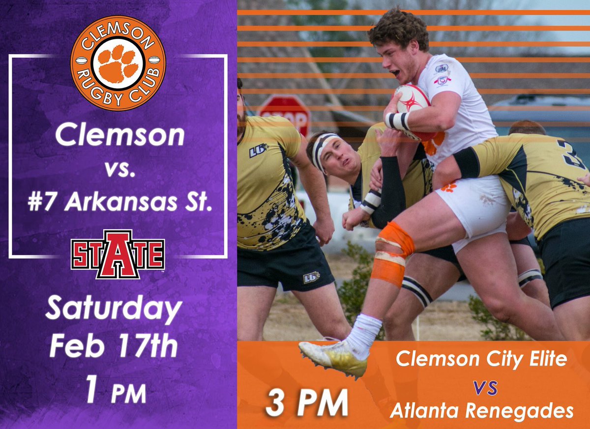 ClemsonRugby's tweet photo. Another big match at home this weekend versus #7 Arkansas State! Come out and cheer on your Tigers! #clemson #clemsonrugby #clemsontigers https://t.co/uwSNs11cUt