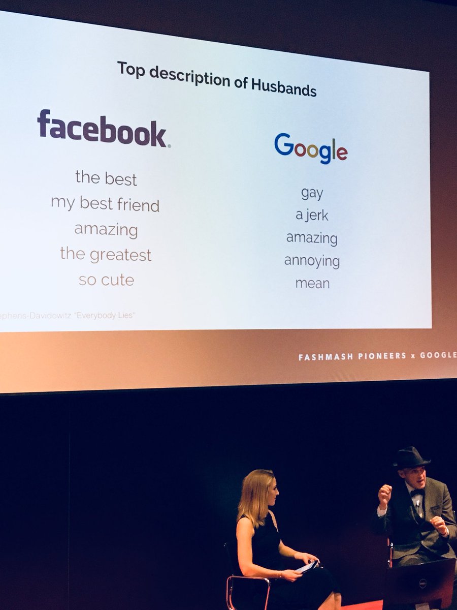 Emmabarnett's tweet photo. Spot the difference between how people describe their husbands on @facebook (projection of perfect life) versus in @Google (anonymous search).How to use truthful data creatively on menu @fashionandmash Pioneer talk. @rachel_arthur interviewing @tomas_roope of #googlezoo #fashmash https://t.co/CbKjFWBMuH