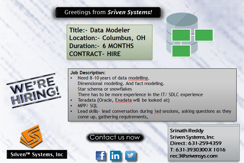 srivensystems's tweet image. #Hiring #DataModeler #datamodelling #Oracle, #Exadata #MPP #SQL #Starschema #snowflakes
@srivensystems
Email: rec3@srivensys.com