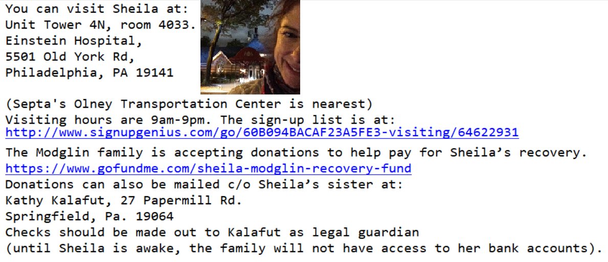 KnightVoiceover's tweet photo. You can visit @SheilaModglin at: Unit Tower 4N, Rm 4033.
Einstein Hospital, 5501 Old York Rd, Philadelphia, PA 19141
(Septa's Olney Transportation Center)
Visiting hours: 9am-9pm
Sign-up list at: 
https://t.co/UmSG2j3J7N 
Donations: https://t.co/z0alBU9wSG https://t.co/uL7hpyPPGK