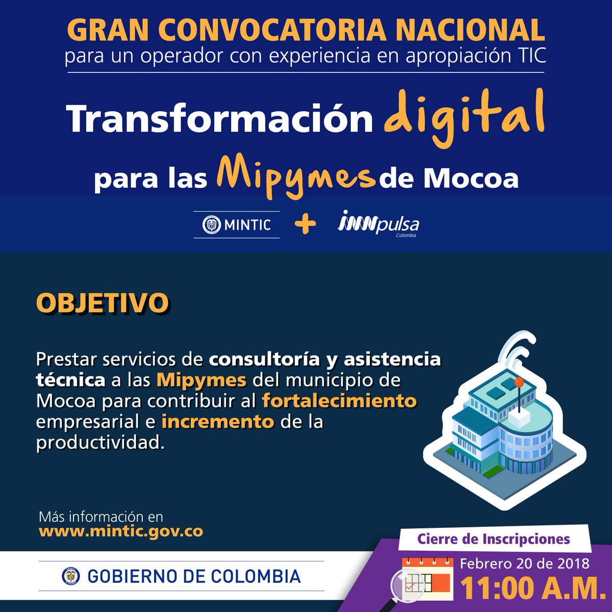 RentaJoven's tweet image. .@Ministerio_TIC e @InnpulsaCol abren convocatoria para seleccionar
una empresa especialista en #TransformaciónDigital que fortalezca
la productividad de 200 #Mipymes en Mocoa.→ bit.ly/2E3BGsY
#TodosConMocoa