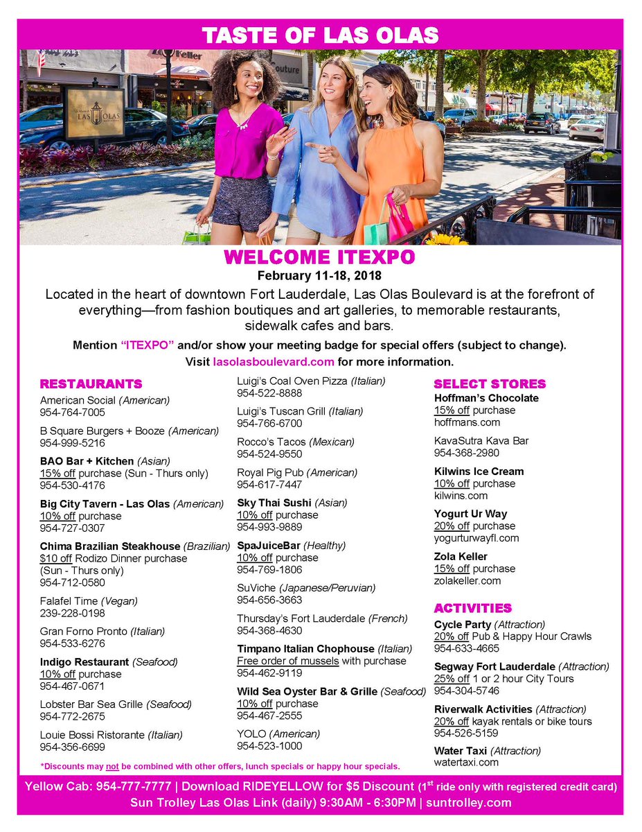 We're offering all #ITEXPO attendees an exclusive TASTE OF LAS OLAS! Show your badge or mention #ITEXPO at the designated restaurants to receive a discount!! (details in image)