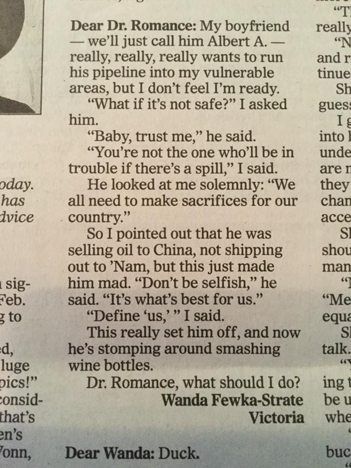 MikeHudema's tweet photo. Wanda's having relationship troubles...because she's just not that into #pipelines:https://t.co/V8ppUMFnTd 

RT if you can identify with Wanda. #StopKM #NotPipelines

#cdnpoli #bcpoli #WaterIsLife #NoMeansNo https://t.co/1zCvBAA1Sf