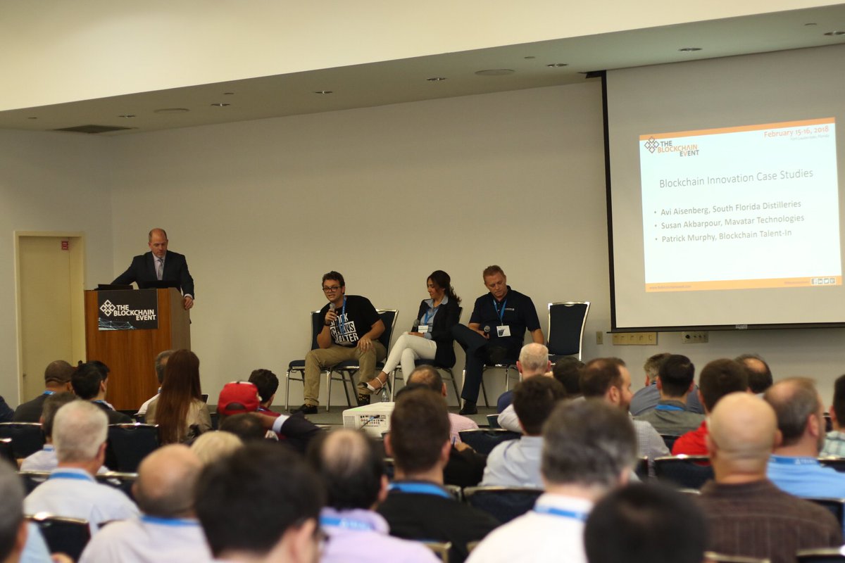 Finishing up an amazing and crowded day of @blockchainevent with this panel of case studies joining us: <a href="/mavatar/">Mavatar</a> ’s <a href="/SusanAkbarpour/">Susan Akbarpour</a> , <a href="/SoFlaDistillers/">South Florida Distillers</a> ’s Avi Aisenberg , @Techtalentin ‘s Patrick Murphy