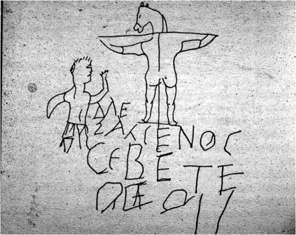 The etching, dated to around 200 CE, depicts a man worshipping a crucified figure that has the head of a donkey. The crudely-scrawled Greek inscription reads "Alexamenos worships his god".